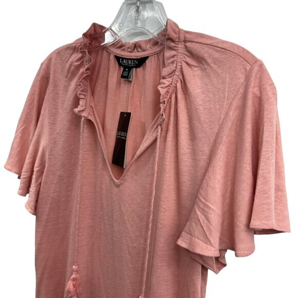 LAUREN Ralph Lauren Jersey Tie Neck Top, Ruffle Short Sleeve, Rose Pink - Picture 4 of 4